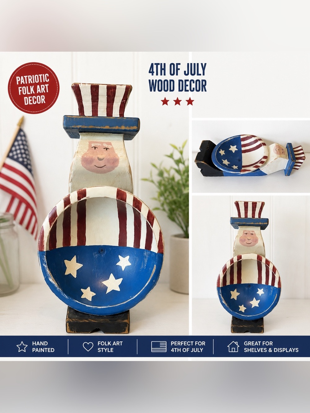 Vintage Uncle Sam Rustic Wooden Decor Bowl Patriotic Americana Folk Art